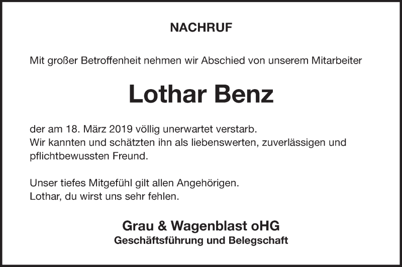  Traueranzeige für Lothar Benz vom 22.03.2019 aus Gmünder Tagespost
