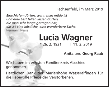 Traueranzeige von Lucia Wagner von Schwäbische Post