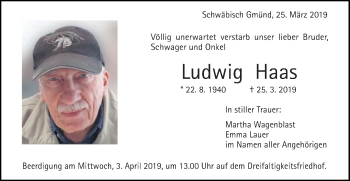 Traueranzeige von Ludwig Haas von Gmünder Tagespost