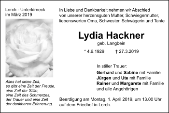 Traueranzeige von Lydia Hackner von Gmünder Tagespost