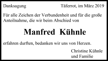 Traueranzeige von Manfred Kühnle von Gmünder Tagespost