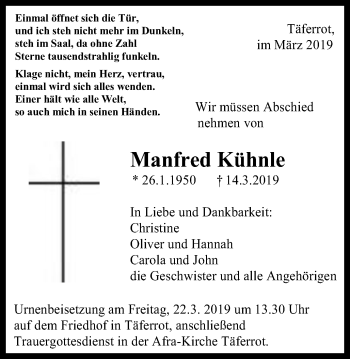 Traueranzeige von Manfred Kühnle von Gmünder Tagespost