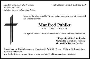 Traueranzeige von Manfred Pahlke von Gmünder Tagespost