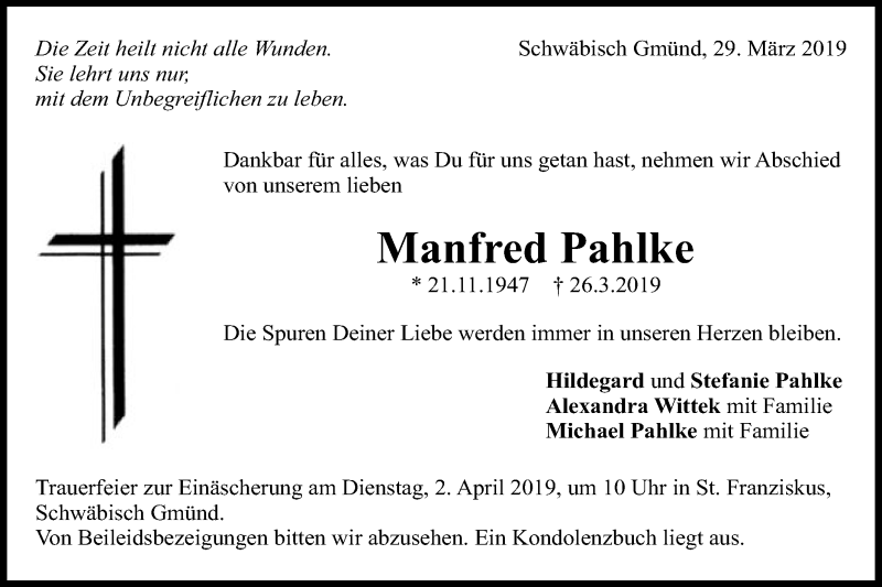  Traueranzeige für Manfred Pahlke vom 29.03.2019 aus Gmünder Tagespost
