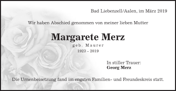 Traueranzeige von Margarete Merz von Schwäbische Post