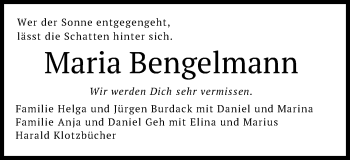 Traueranzeige von Maria Bengelmann von Schwäbische Post