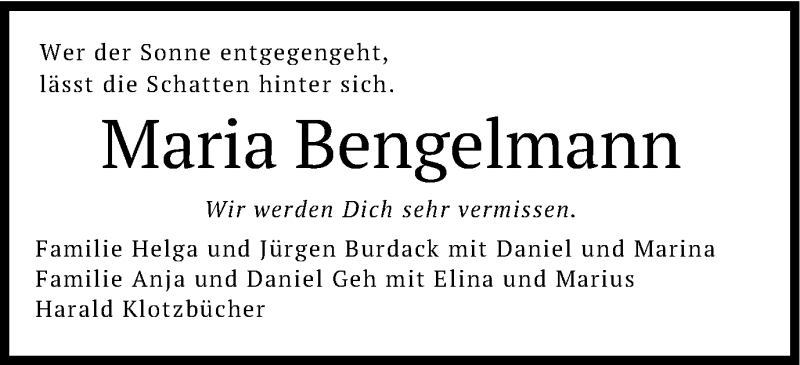  Traueranzeige für Maria Bengelmann vom 04.03.2019 aus Schwäbische Post