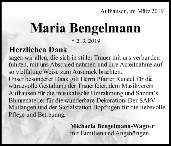 Traueranzeige von Maria Bengelmann von Schwäbische Post