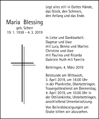 Traueranzeige von Maria Blessing von Gmünder Tagespost