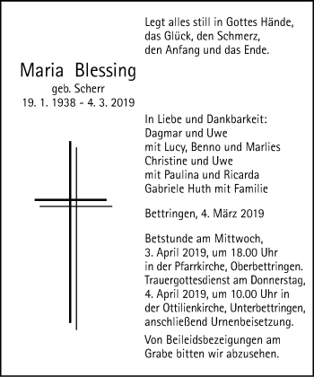 Traueranzeige von Maria Blessing