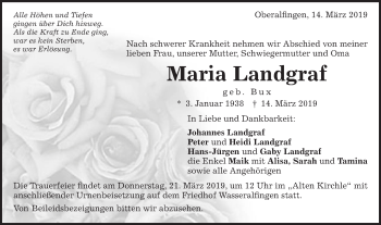 Traueranzeige von Maria Landgraf von Schwäbische Post