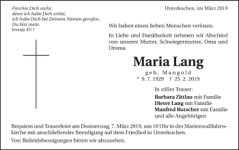 Traueranzeige von Maria Lang von Schwäbische Post