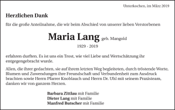 Traueranzeige von Maria Lang von Schwäbische Post