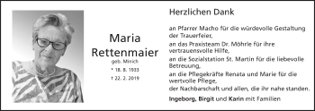 Traueranzeige von Maria Rettenmaier von Amtsblatt_Oko