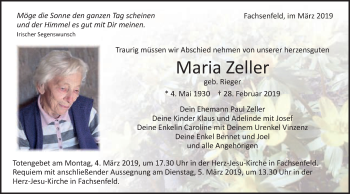 Traueranzeige von Maria Zeller von Schwäbische Post