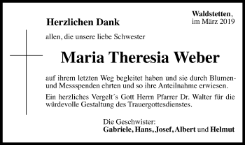 Traueranzeige von Maria Theresia Weber von Gmünder Tagespost
