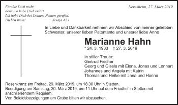 Traueranzeige von Marianne Hahn von Schwäbische Post