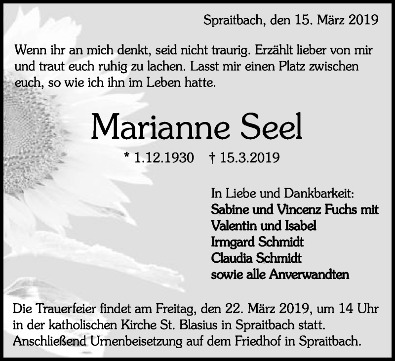  Traueranzeige für Marianne Seel vom 20.03.2019 aus Gmünder Tagespost