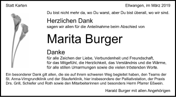 Traueranzeige von Marita Burger von Schwäbische Post