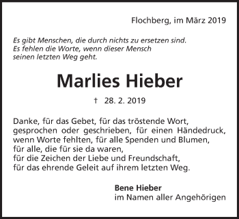 Traueranzeige von Marlies Hieber von Schwäbische Post
