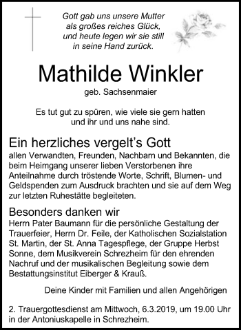 Traueranzeige von Mathilde Winkler von Schwäbische Post