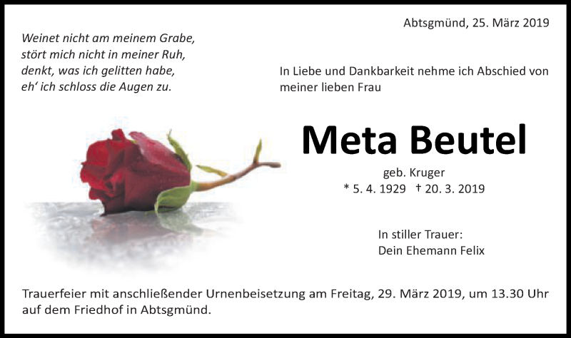  Traueranzeige für Meta Beutel vom 25.03.2019 aus Schwäbische Post