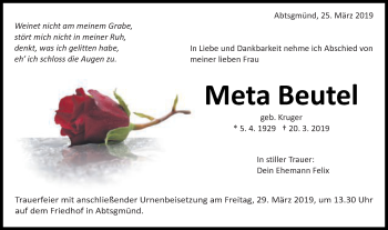 Traueranzeige von Meta Beutel von Schwäbische Post