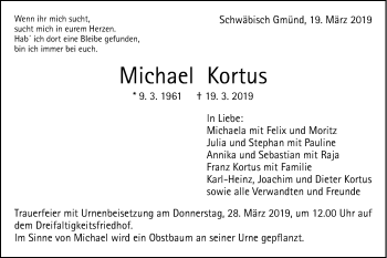 Traueranzeige von Michael Kortus von Gmünder Tagespost