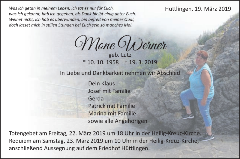  Traueranzeige für Mone Werner vom 21.03.2019 aus Schwäbische Post