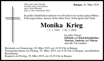 Traueranzeige von Monika Krieg von Gmünder Tagespost