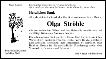 Traueranzeige von Olga Ströhle von Gmünder Tagespost