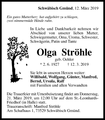Traueranzeige von Olga Ströhle von Gmünder Tagespost