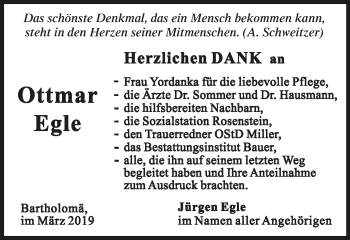 Traueranzeige von Ottmar Egle von Gmünder Tagespost