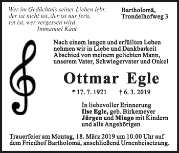 Traueranzeige von Ottmar Egle von Gmünder Tagespost