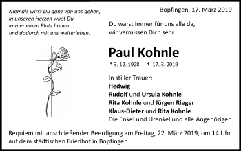 Traueranzeige von Paul Kohnle von Schwäbische Post