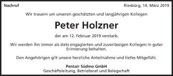 Traueranzeige von Peter Holzner von Schwäbische Post