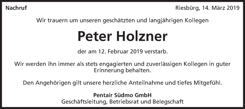  Traueranzeige für Peter Holzner vom 14.03.2019 aus Schwäbische Post
