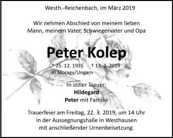Traueranzeige von Peter Kolep von Schwäbische Post