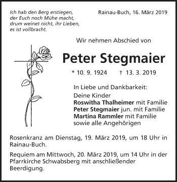 Traueranzeige von Peter Stegmaier von Schwäbische Post