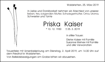 Traueranzeige von Priska Kaiser von Gmünder Tagespost