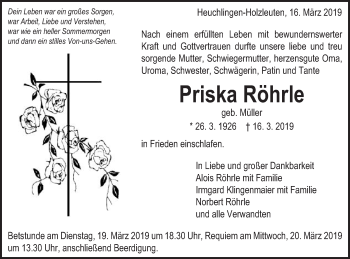Traueranzeige von Priska Röhrle von Schwäbische Post