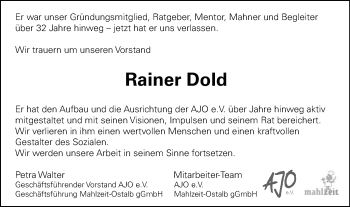 Traueranzeige von Rainer Dold von Schwäbische Post