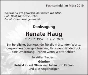Traueranzeige von Renate Haug von Schwäbische Post