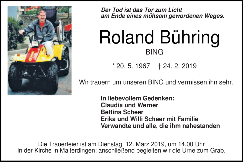  Traueranzeige für Roland Bühring vom 01.03.2019 aus Schwäbische Post