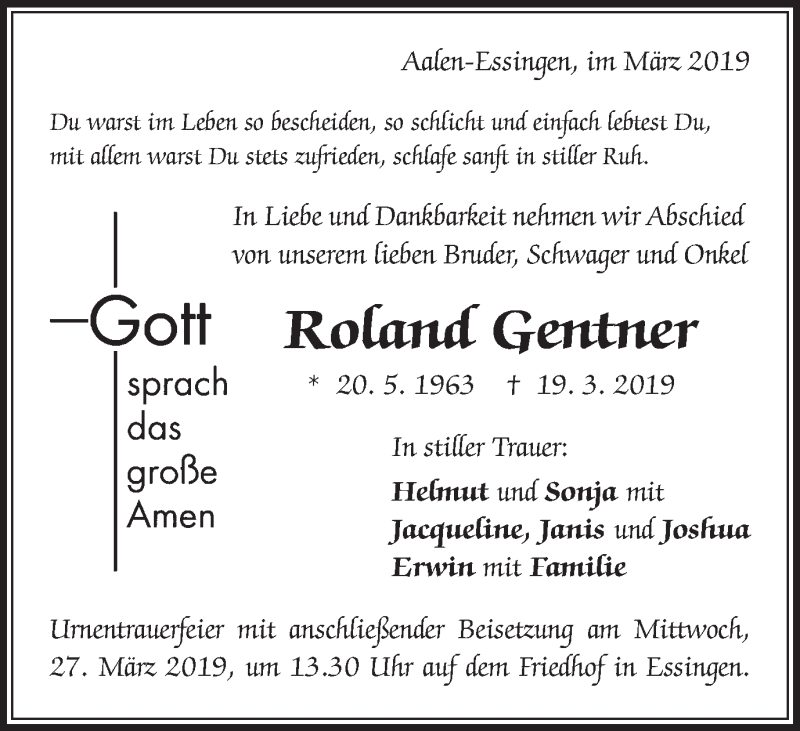  Traueranzeige für Roland Gentner vom 23.03.2019 aus Schwäbische Post