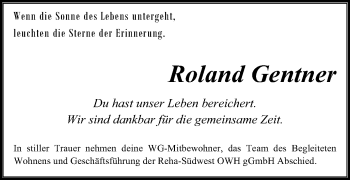 Traueranzeige von Roland Gentner von Schwäbische Post