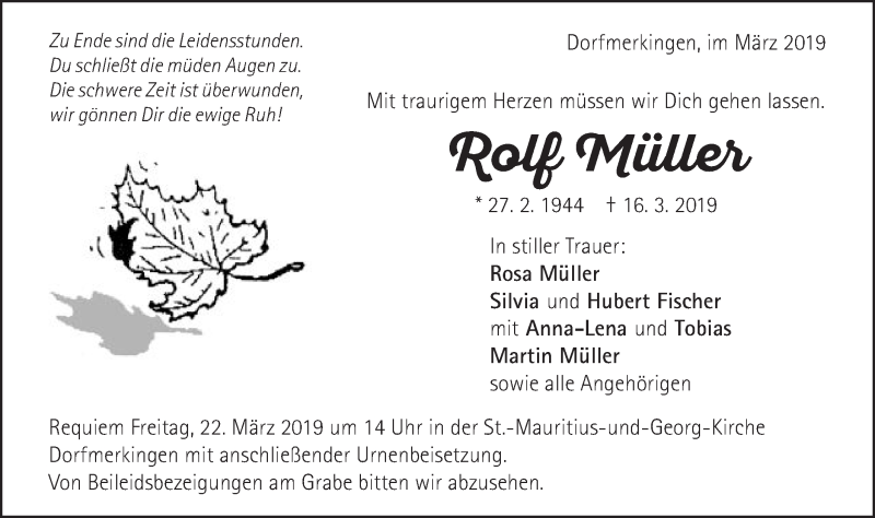  Traueranzeige für Rolf Müller vom 20.03.2019 aus Schwäbische Post