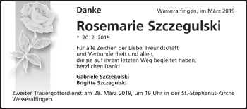 Traueranzeige von Rosemarie Szczegulski von Schwäbische Post