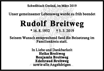 Traueranzeige von Rudolf Breitweg von Gmünder Tagespost