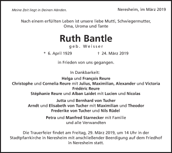 Traueranzeige von Ruth Bantle von Schwäbische Post